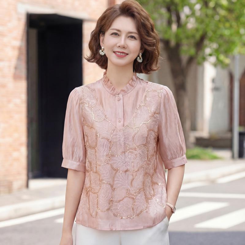 

Mother s Day Embroidered Sequined Short-Sleeve Top for Middle-Aged Women 3XL (120-135 lbs) рожевий
