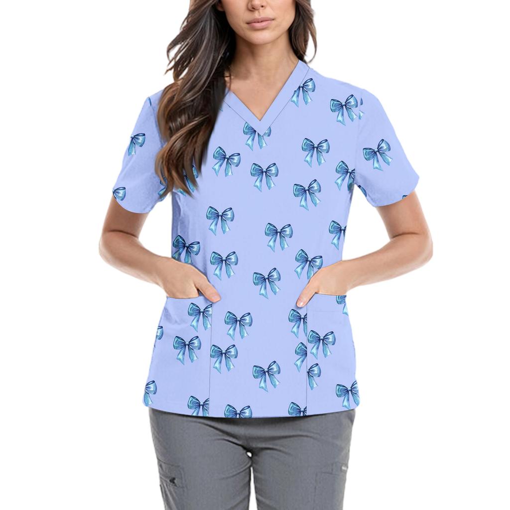 Women's Cute Bow Printed Work Clothes V-neck Double Layer Pockets Basic Short Sleeve Top Pullover