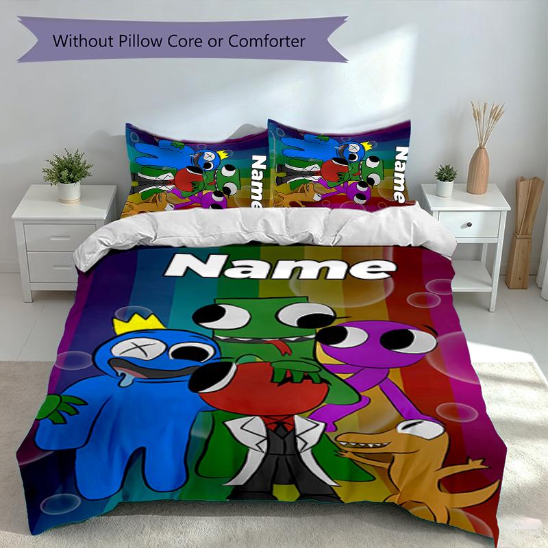 3pcs Custom Name Rainbow Friends Bedding Set,Includes 1 Duvet Cover and 2 Pillowcases,All-season Bedroom Decor