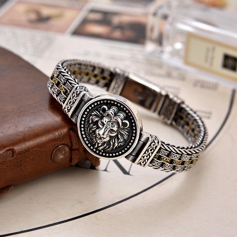 Factory Price S925 Sterling Silver Retro Men Hand-Woven Rattan and Grass Pattern Circular Color Blocking Trendy Bracelet Jewelry