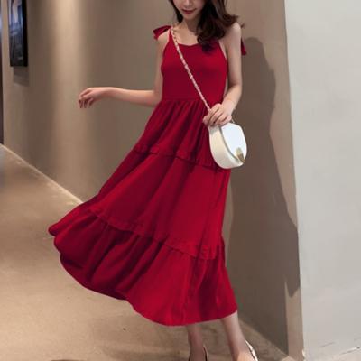 Summer New Solid Tie Bow Sexy Straps Dress Women Retro High Waist A Line Casual Loose Long Dresses Women Fashion Slim Fit Ruffled Elegant Dress 26371