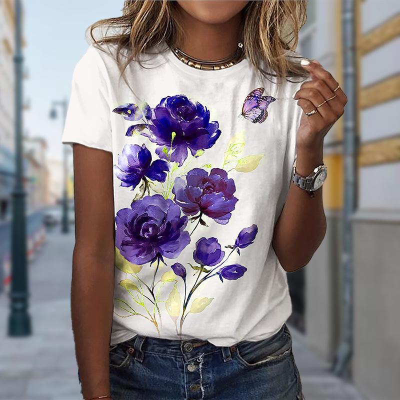 Dámské letní tričko trend květinový potisk retro móda trička s krátkým rukávem ležérní potištěné topy