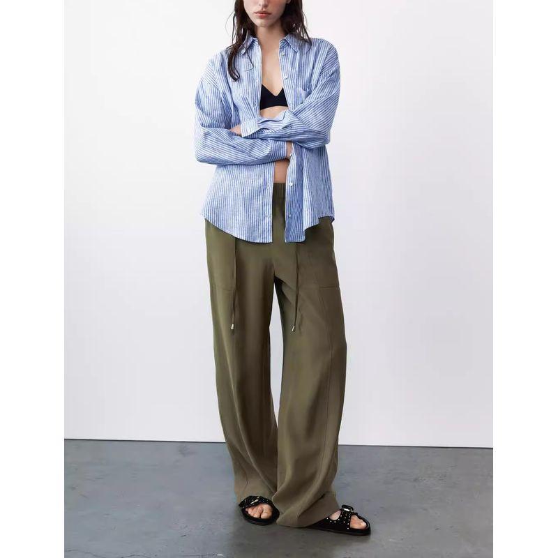 Spring and Summer New Western Style Elegant All-Match Loose Lapel Linen Blend Stripe Shirts 4387054