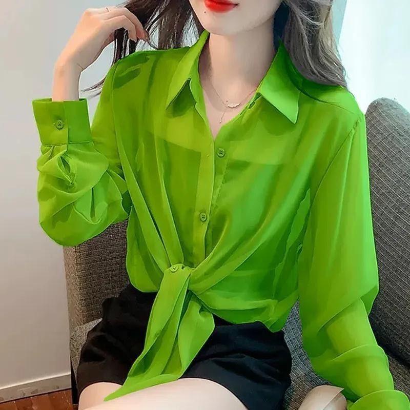 Thin Chiffon Shirt Women's Lace Up Cardigan Summer Outfit New Long Sleeve Sun Protection Shirt Top Women