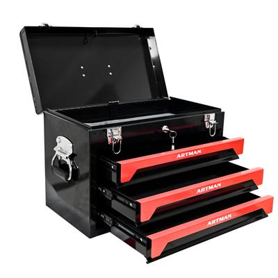 20-Inch Portable Steel Tool Box with 3 Drawers and Metal Latches, Black-red