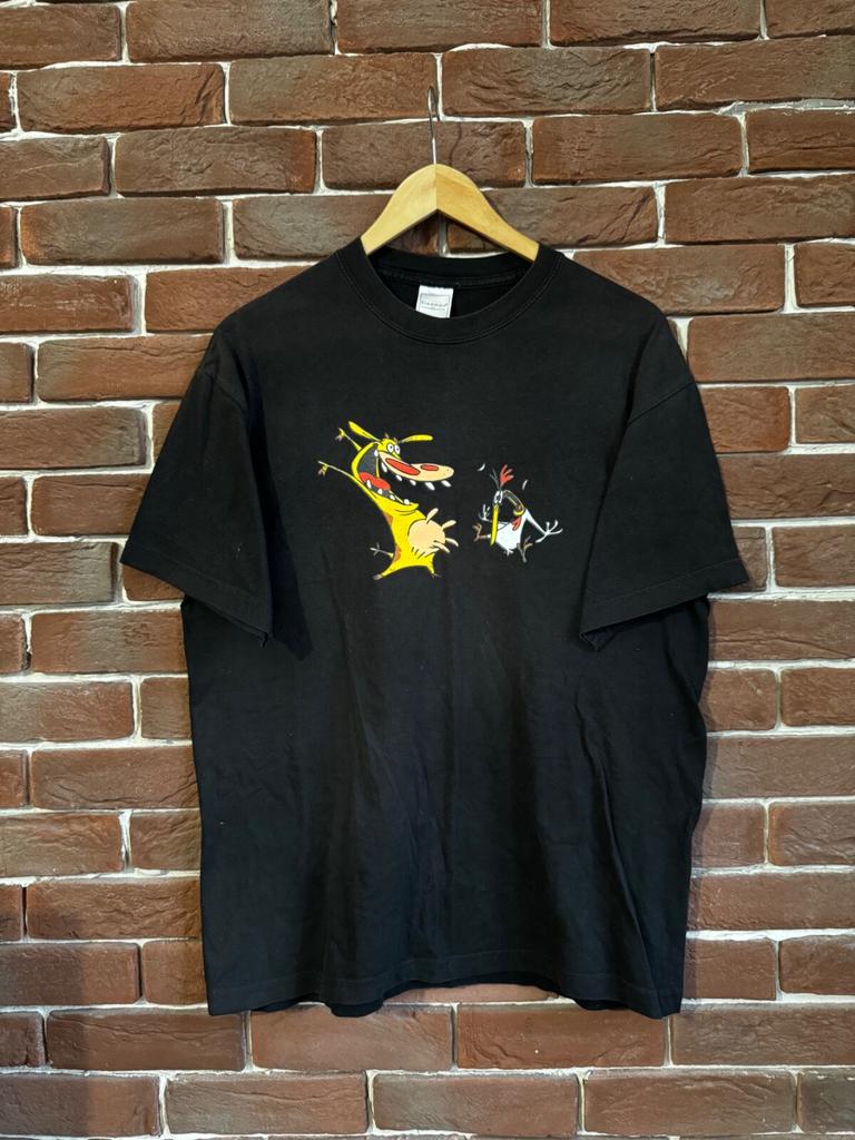 Vintage 00er Jahre Kuh und Hähnchen Film Cartoon Y2K L Schwarzes T-Shirt Unisex T-Shirt
