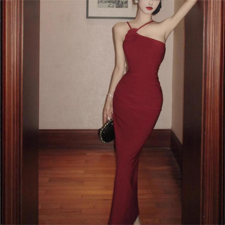 Red Flower Sexy Suspender Dress Women's Summer Pure Desire To Show Thin Hip Skirt Niche Split End Waist Long Dress