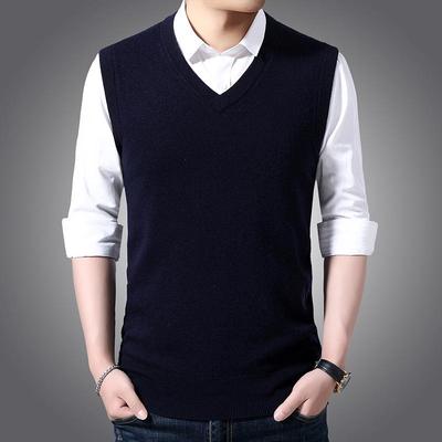 Men's V-Neck Wool Sweater Vest - Knitted Sleeveless Pullover for Middle-Aged Professionals