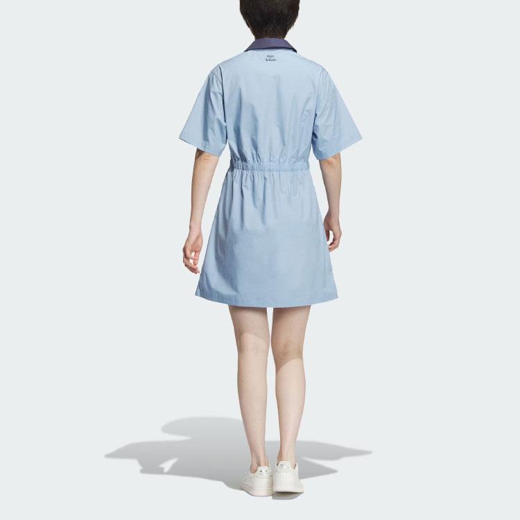 adidas Originals X Yu Nagaba Kollaboration Brief Handgezeichnetes Muster Besticktes Polo-Kleid mit Gürtel Damen Kleider Blau IS0626
