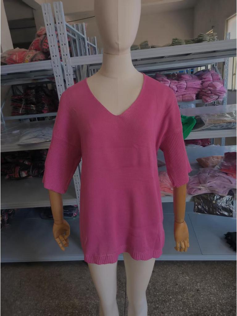 Dames ensfarget V-hals 3/4 erme slankende strikket genser