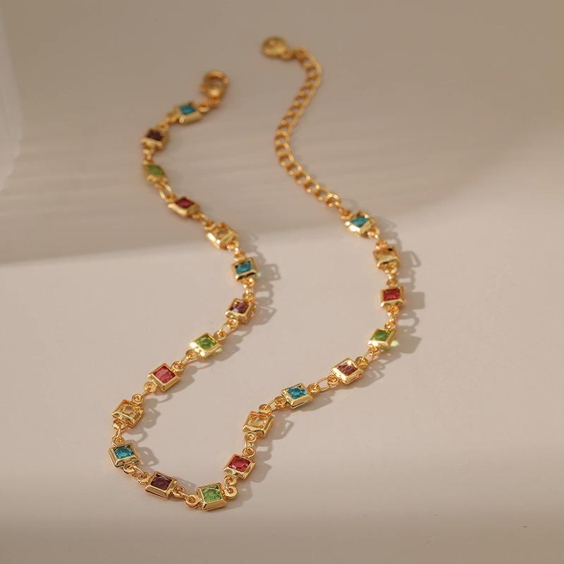 Gold Plated Stainless Steel Multi-Color Square CZ Anklet