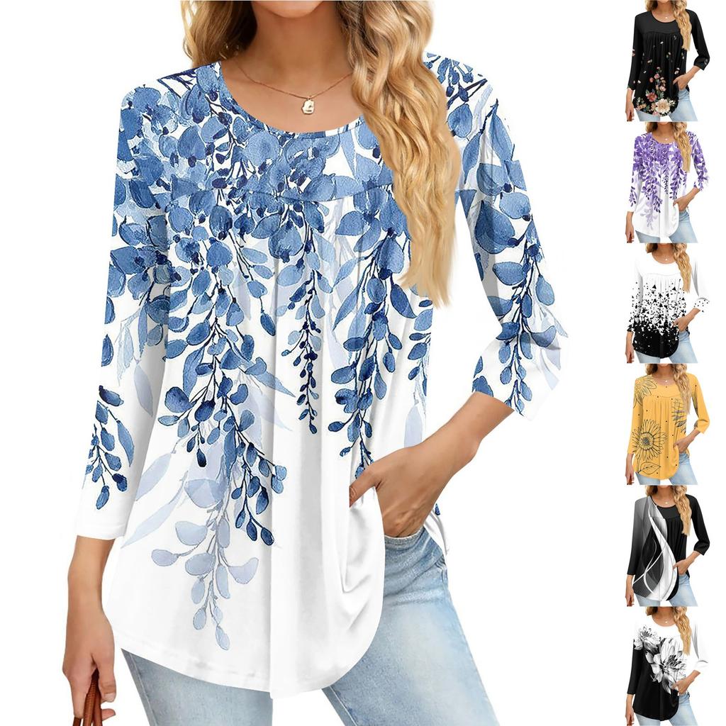 Women's Fashion Casual Three-quarter Sleeve Printed Round Neck Top