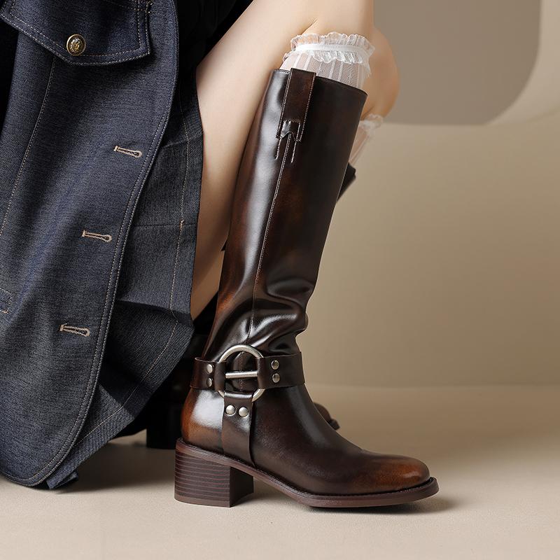 

Fashion 2025 New Autumn/Winter Women Boots Split Leather Women Shoes Pointed Toe Chunky Boots Solid Knee-High Modern Boots Ladies Shoes 34