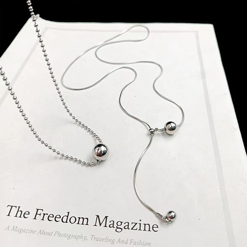 Personality Design Silver Color Stainless Steel Beaded Ball Pendant Necklace For Women Double Layer Hip Hop Rock Chokers Jewelry