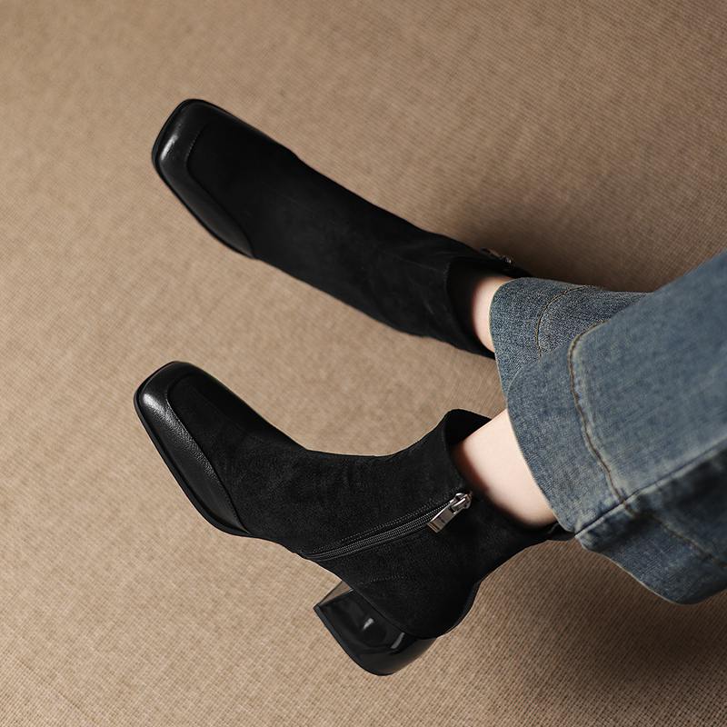 Krazing Pot Sheepskin Flock Winter Square Toe Chunky Heels Chelsea Fashion Boots Women Zip Patch Work Women Ankle Boots