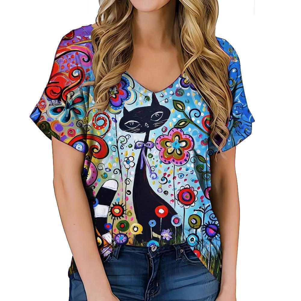 Fashionable Women's Clothing V-neck Kitten Print T-shirt Street Hot Selling Homestay Casual Top Summer Personalized Women Shirt