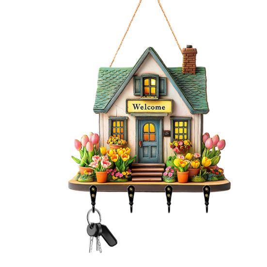 Hängendes Schild 'Feenhaus' aus Holz, Schlüsselhalter im Landhausstil Wanddeko mit 4 Haken, Vintage Blumen-Hängegestell für Eingangsbereich Flur Küche