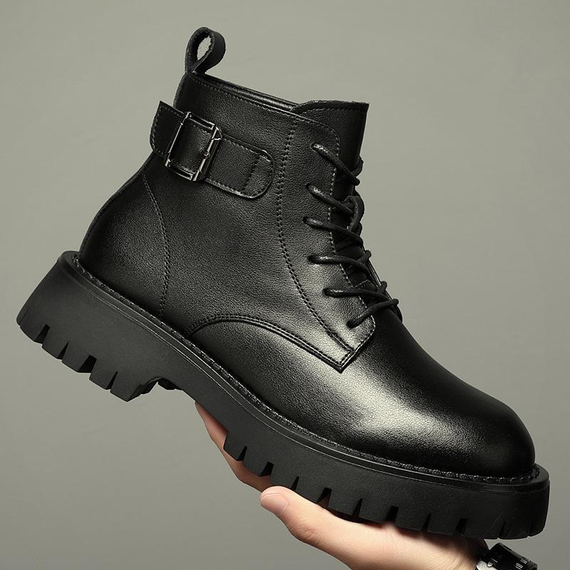 Martin boots men's autumn and winter new platform leather black boys high-top shoes British style locomotive boots tide
