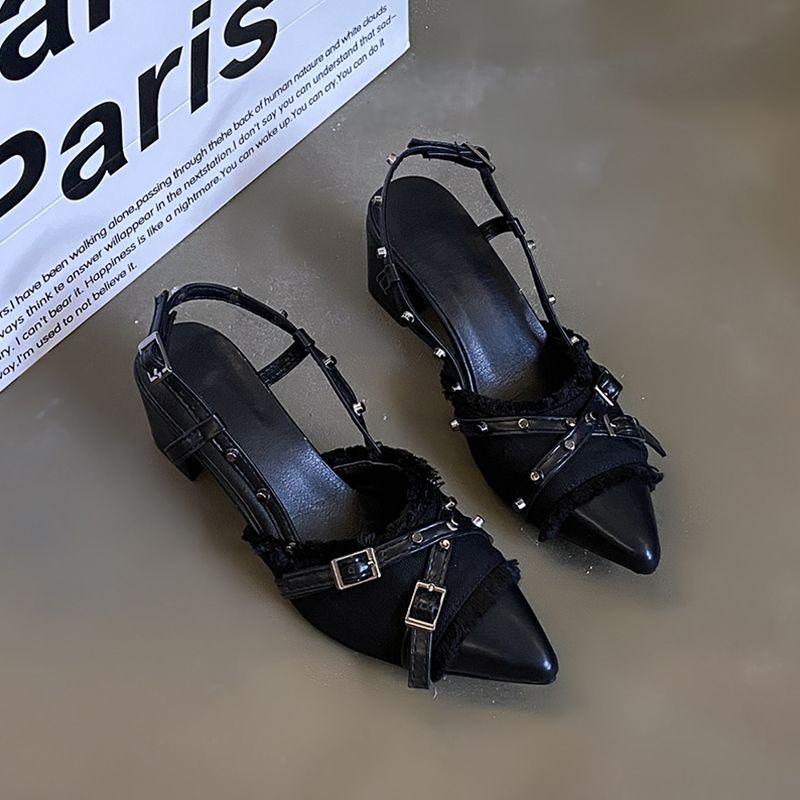 

Coarse heel design high heels black temperament bag head sandals fairy shoes spring and summer women s French cool slippers single shoes 35