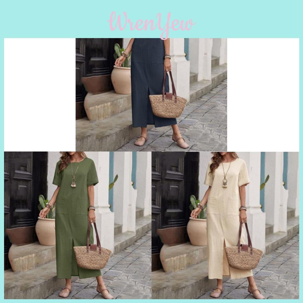 Cotton Linen Casual Loose Fit Short Sleeve Dress With Pockets For Summer Womens Fashion