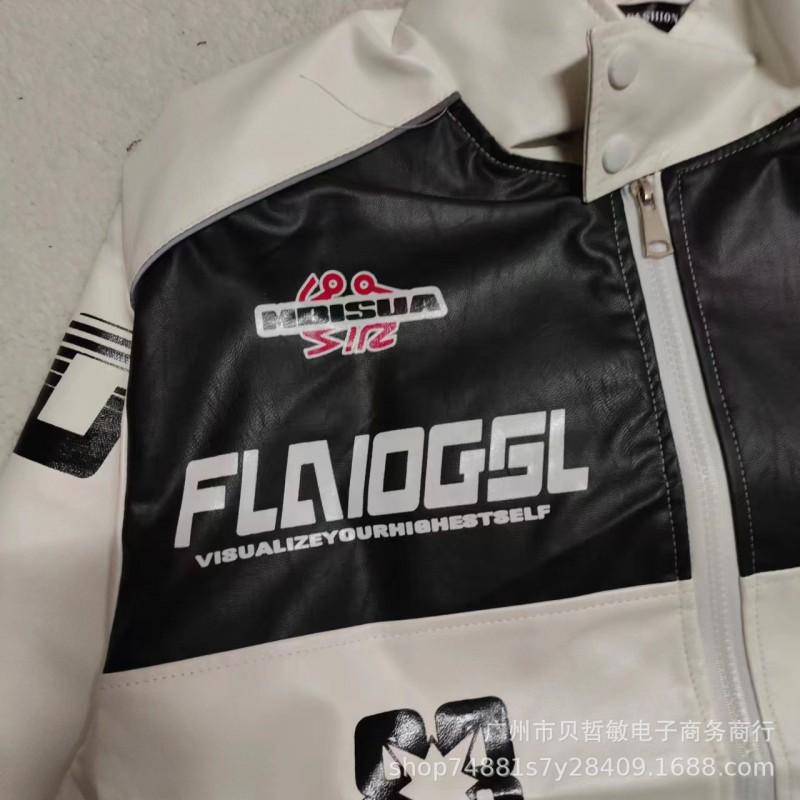 Vintage Motorcycle Racing Jacket PU Leather Biker Coat Stand Collar Black White Contrast Unisex Streetwear Outerwear