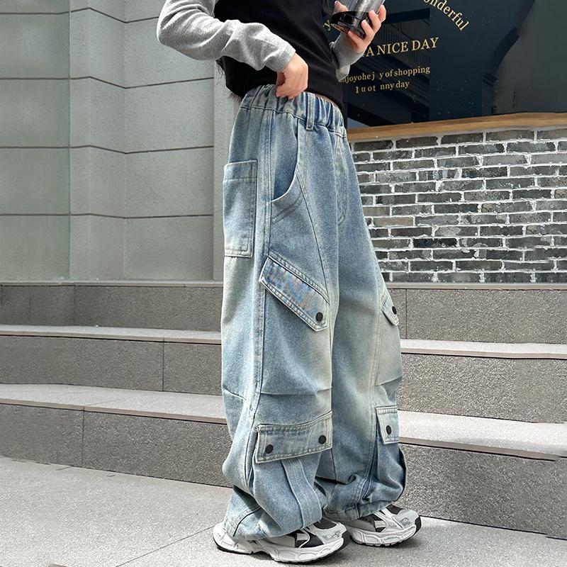 Jeans Cargo Autunnali per Bambina Multi Tasche Bambini Pantaloni in Denim Dritti di Lusso Bambini Adolescenti Moda Pantaloni Casual