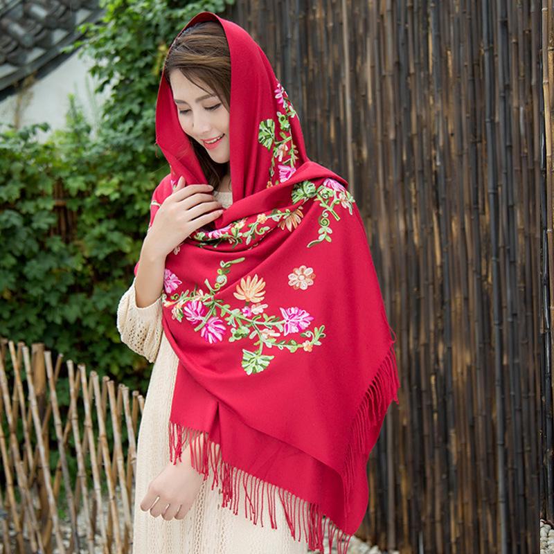 Yunnan Lijiang Women's Ethnic Embroidered Black Tassel Shawl, Thick and Warm, Imitation Cashmere, Oversized for Autumn and Winter