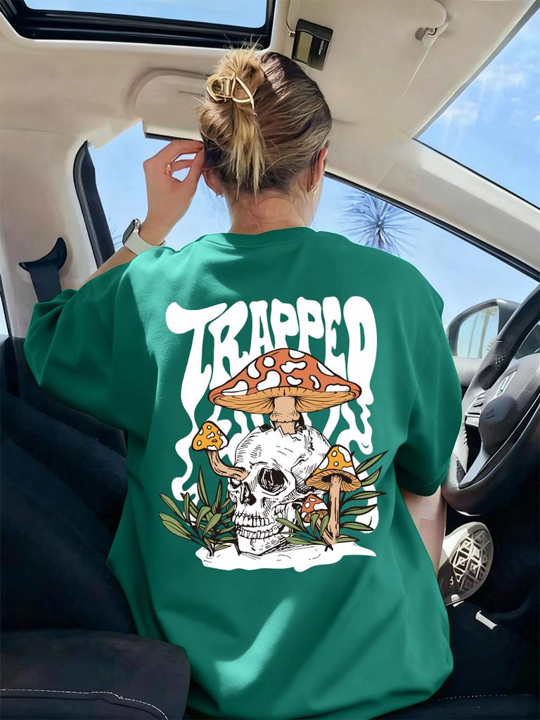 Mushrooms Grown Inside The Skull Printing TShirt Womens Basics Comfortable T Shirts Soft ONeck Tops Summer Loose Woman Clothes