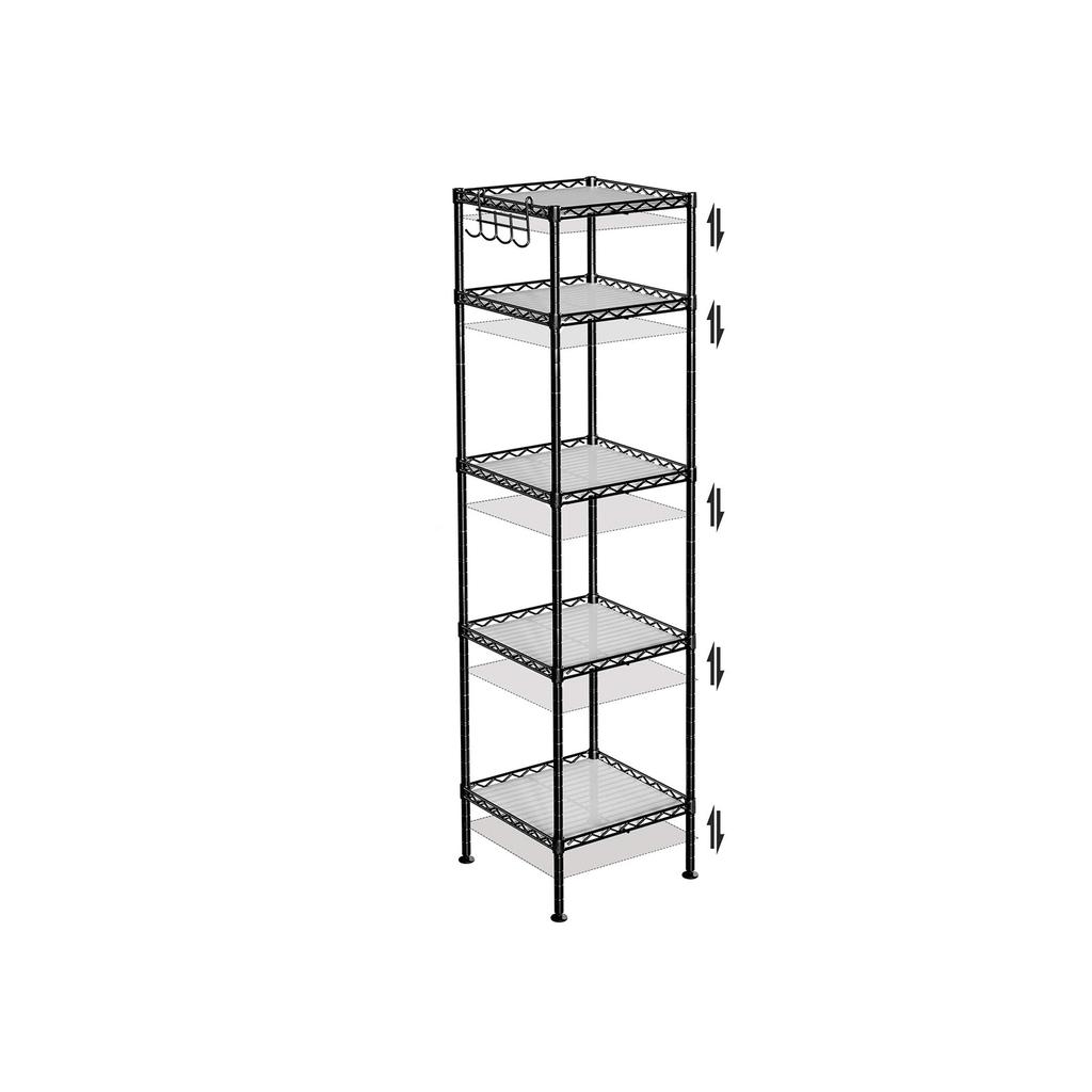 SONGMICS Bathroom Shelf, Metal Storage Rack, Total Load Capacity 100 kg, with 5 PP Sheets, Removable Hooks, 30 x 30 x 123.5 cm, Expandable Design