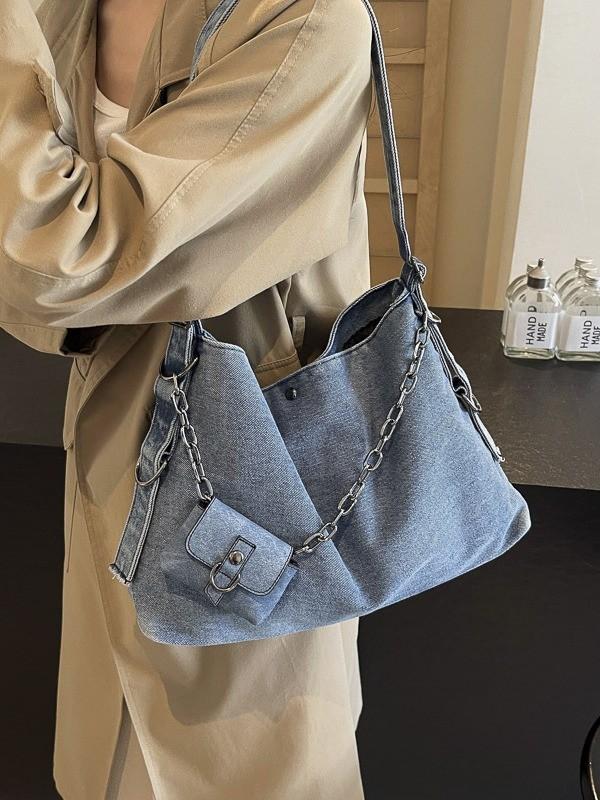 Street Style Denim Tote Bag For Women With Magnetic Closure And Mobile Pocket