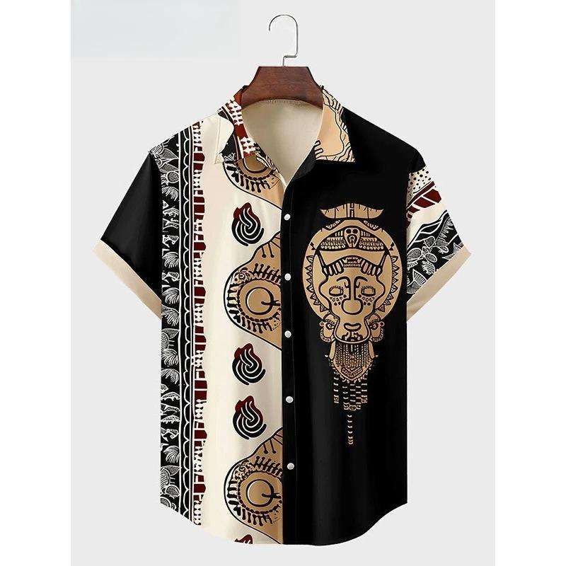 2026 Vintage African Style Men's Retro Ethnic Tribal Short Sleeve Shirts Tops Fashion Casual Streetwear Men's Shirts