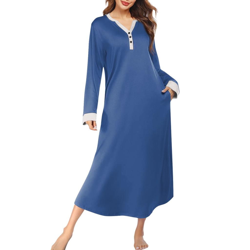 Damska koszula nocna, długi szlafrok, sukienka piżamowa z dekoltem w serek i kieszeniami