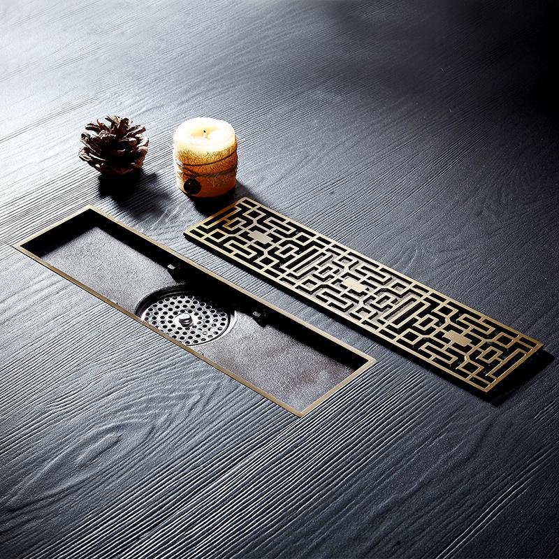 Drain 8*30CM Euro Antique Brass Art Carved Floor Drain Cover Shower Waste Drainer Bathroom Bath Accessories Strainer DL8030