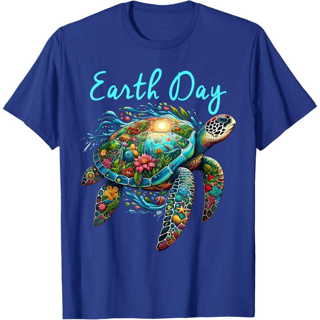 Earth Day Sea Turtle Graphic Tee Breathable Casual Cotton T-Shirt for Unisex