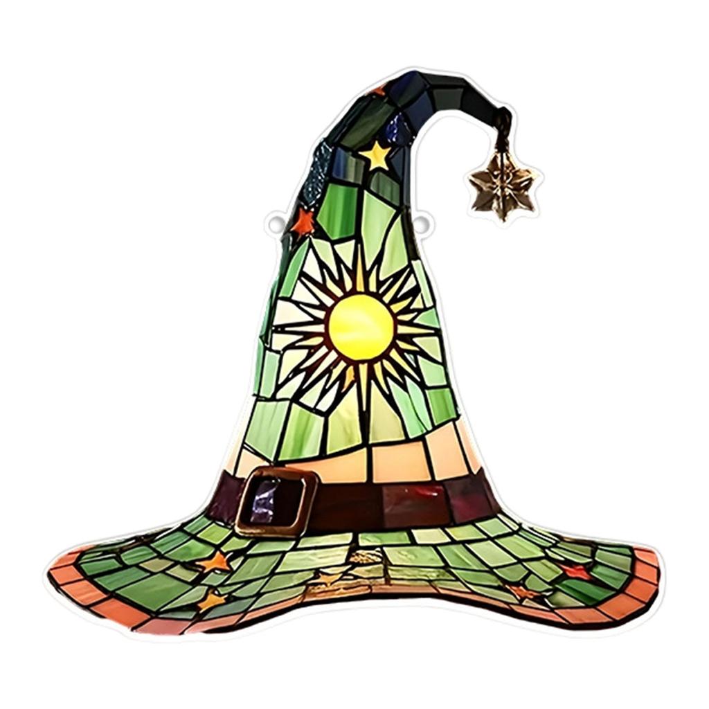 Witch Hat Stained Glass Suncatcher Window Hanging Decoration Halloween Gothic Glass Ornament for Window Home Kitchen