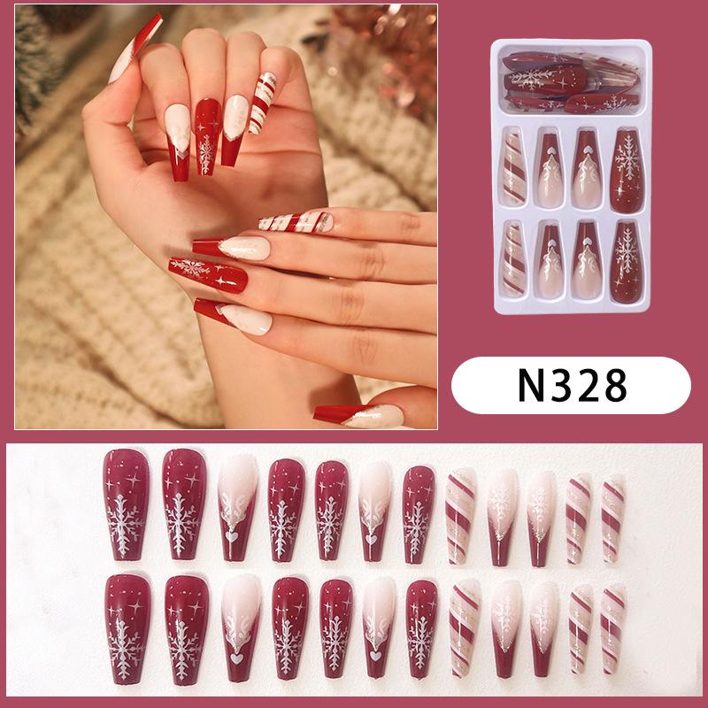 

Red Edge French Christmas Snowflake Heart Stripe Nail Stickers - Removable Long Nail Pieces