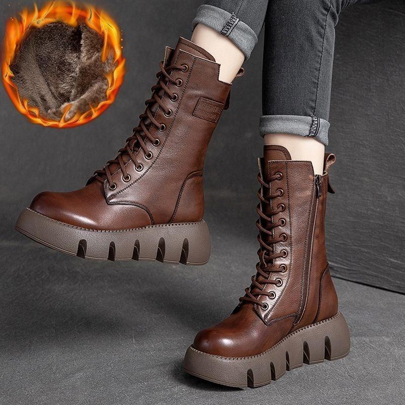 Fashion Winter Leather Women Boots Round Toe Mid-heel Ankle Boots for Women Lace Up Warm Snow Boots Retro Lady Platform Bikerboots Women
