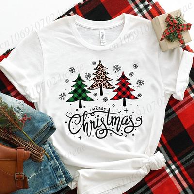 Unisex T-Shirt mit Weihnachtbaum-Print, kurzärmlig, Rundhalsausschnitt, Oberteil für Weihnachten, Damenbekleidung, Harajuku, kurzärmliges Freizeithemd
