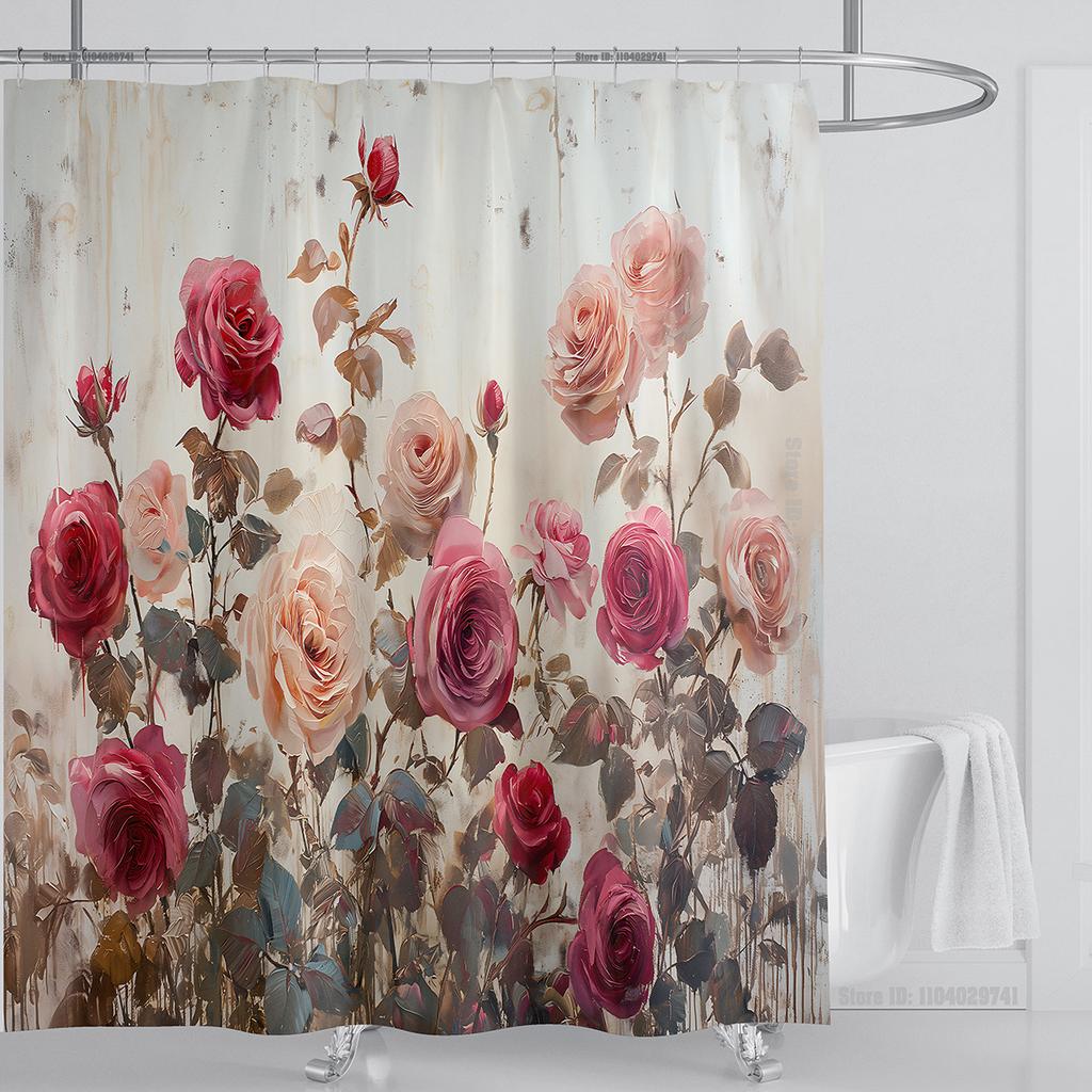 Rose Flower Shower Curtain Waterproof Shower Curtain Polyester Fabric 3D Printed Curtain Bathroom Decoration With Hook