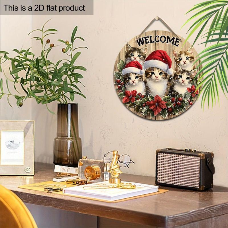 Welcome Christmas Kittens Round Wooden Hanging Sign, 2D Flat Printed Wall Door Ornament, Xmas Home Holiday Decor Gift