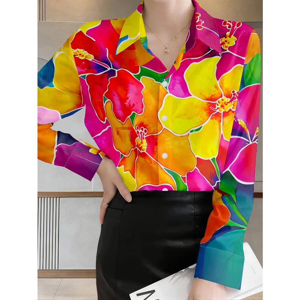 New Fashion Women's Casual Long Sleeve Shirt Multi-colored Flowers Bright Blossom Vibrant Printing