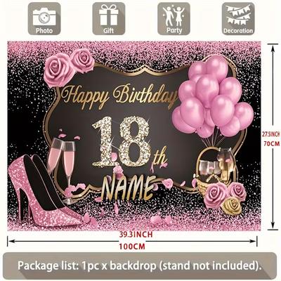 18. Geburtstag Kulisse mit Namen Individuell Rosa Luftballons & Rosen