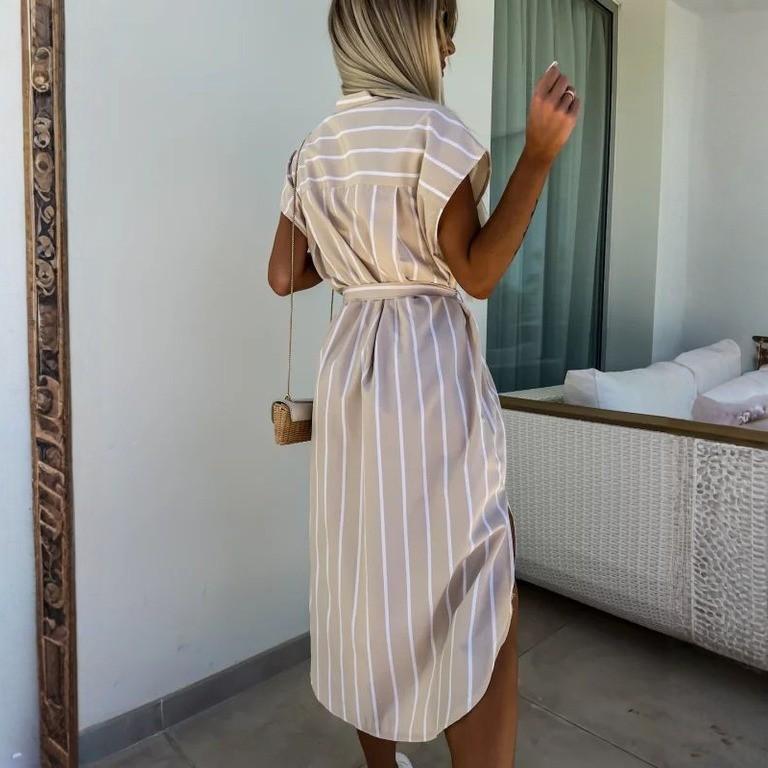 Dam Lös Bekväm Casual Trendig Kortärmad Randig Tryckt Midjeband Klänning