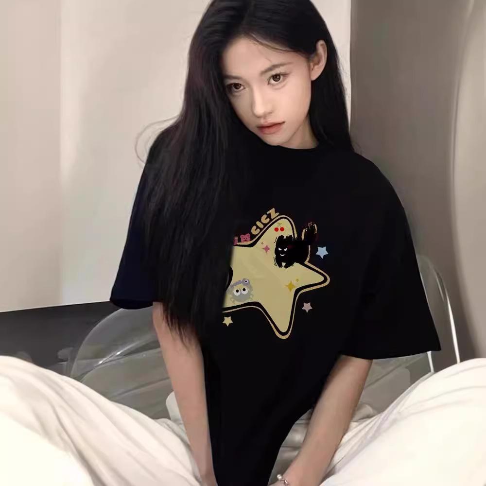 Large size fat sister pure cotton American front shoulder short-sleeved t-shirt women's summer niche design sense high street top season ins trendy
