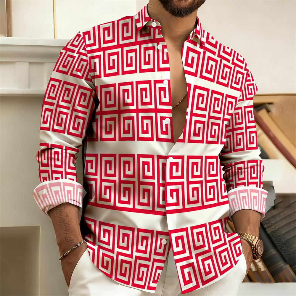 Men's Long-Sleeved Polo Shirt, Vintage Print Style with Greek Key Pattern, Elegant, Comfortable, and Stylish Men's Top