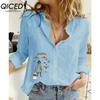 QICED Blusas y Camisas Casuales de Moda para Mujer con Estampado de Peces Pequeños, Manga Larga y Cuello Polo