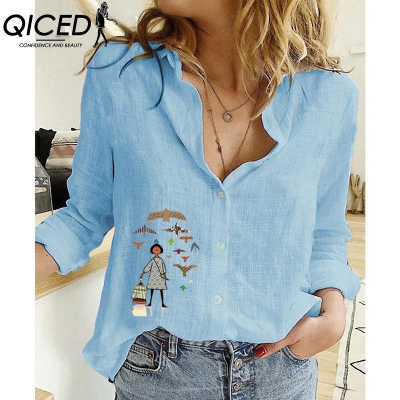 QICED Blusas y Camisas Casuales de Moda para Mujer con Estampado de Peces Pequeños, Manga Larga y Cuello Polo