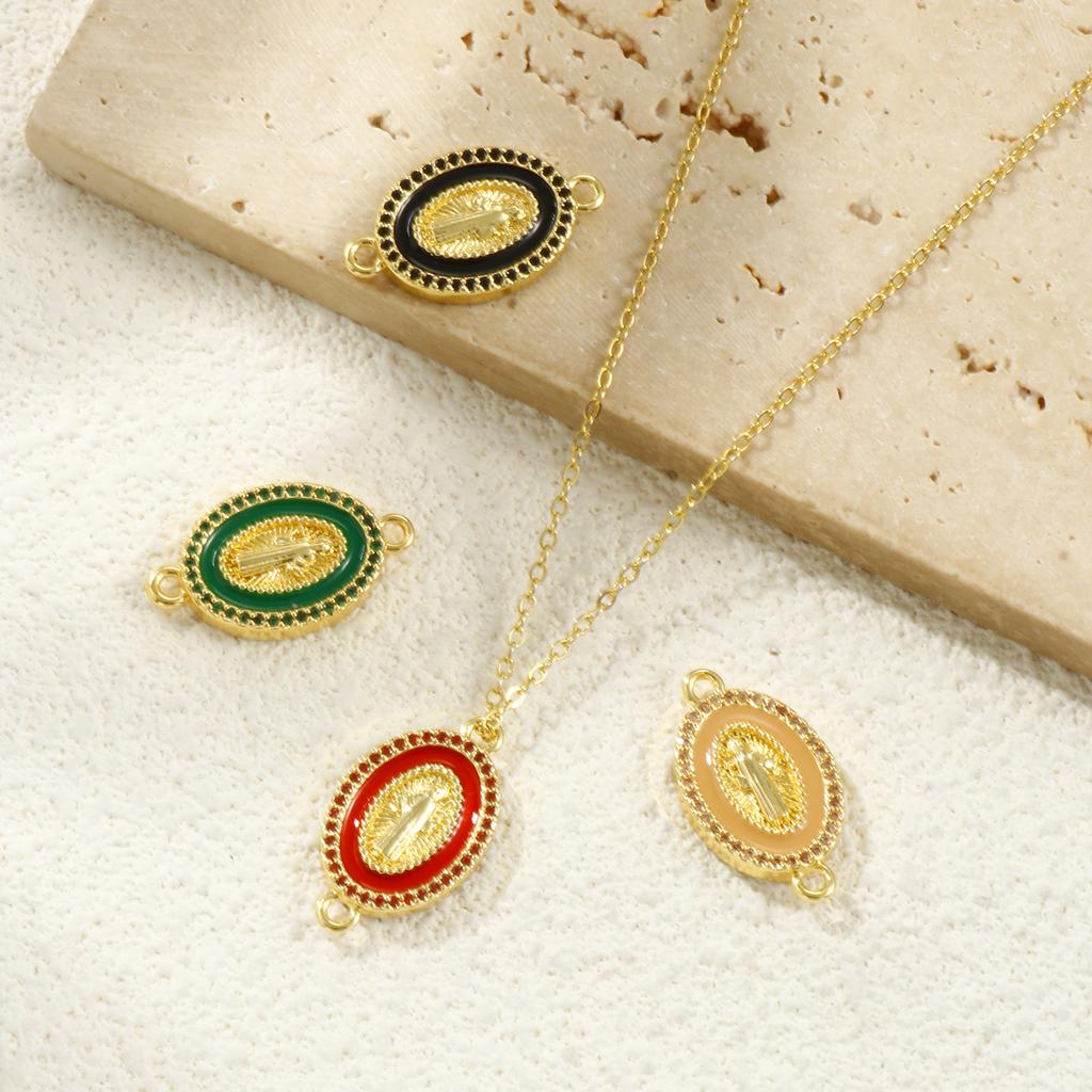 1 Piece Brass & Cubic Zirconia Religious Connectors Charms Pendants 18K Gold Plated Enamel Oval Jesus Double Sided 24mm x 14mm