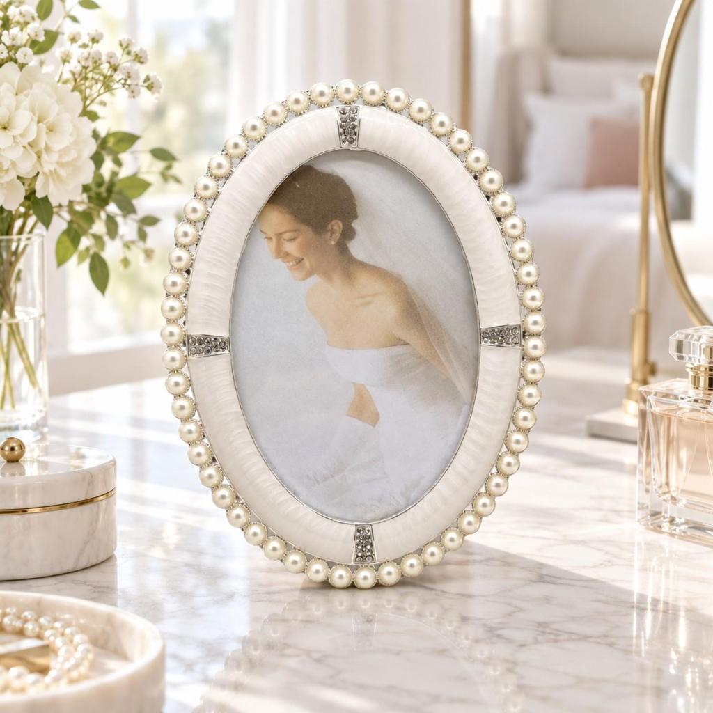Oval Pearlized Silver Photo Frame with Jeweled Accents Elegant Metal Picture