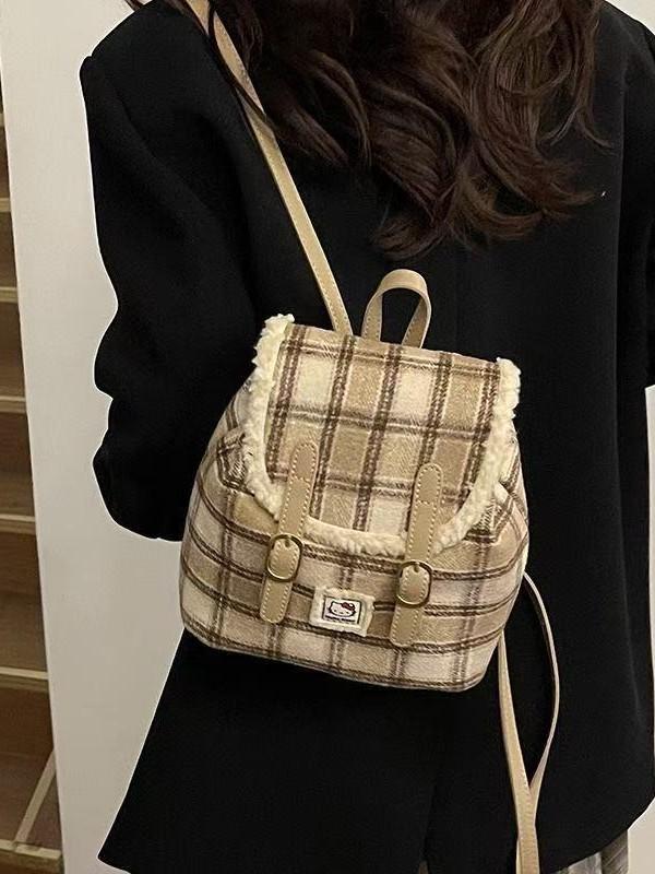 Plush Backpack With Vintage Plaid Design For Daily Use